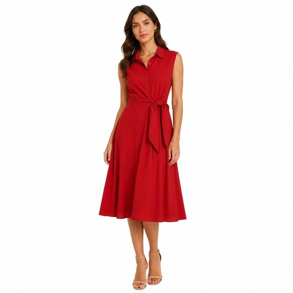 Lafayette 148 New York Dresses & Skirts - Lafayette 148 Dress Womens Medium Orange Red Sleeveless Shirt Midi Fit Flare